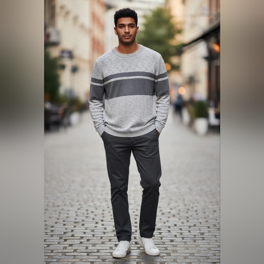 Banana Republic Cotton Blend Light Gray & Charcoal Crewneck Sweater